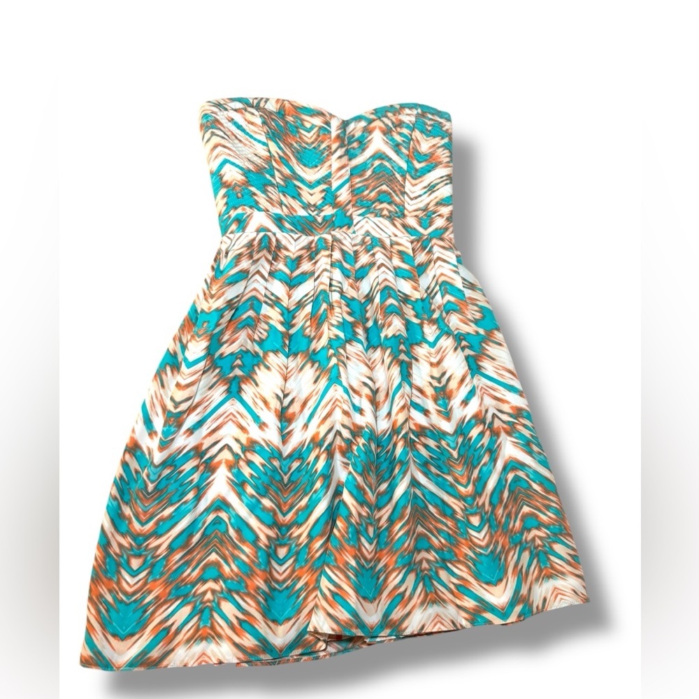 Parker Teal White and Orange Patterned Silk Dress Sz S GUC‎